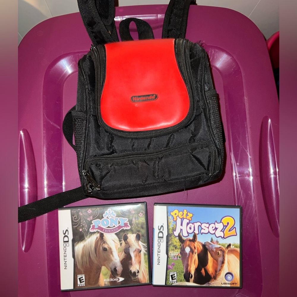 Nintendo ds games and backpack
